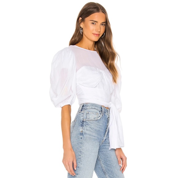 LPA Lancaster Blouse White Puff Sleeve Wrap Bow Sheer Gauze Sweetheart Neckline - Picture 2 of 7